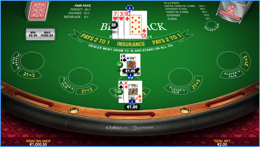 Screenshot of Premium Blackjack after splitting aces and getting 21 twice